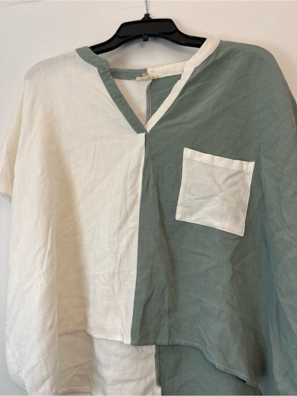 JODIFL Two-Tone White and Sage Green Split Front Blouse